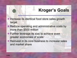 3-16
Kroger’s Goals
Increase its identical food store sales growth
target
Reduce operating and administrative costs by
more than $500 million
Further leverage its size to achieve even
greater economies of scale
Reinvest in its core business to increase sales
and market share
 