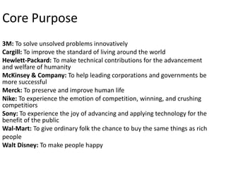 Core Purpose
3M: To solve unsolved problems innovatively
Cargill: To improve the standard of living around the world
Hewlett-Packard: To make technical contributions for the advancement
and welfare of humanity
McKinsey & Company: To help leading corporations and governments be
more successful
Merck: To preserve and improve human life
Nike: To experience the emotion of competition, winning, and crushing
competitiors
Sony: To experience the joy of advancing and applying technology for the
benefit of the public
Wal-Mart: To give ordinary folk the chance to buy the same things as rich
people
Walt Disney: To make people happy

 