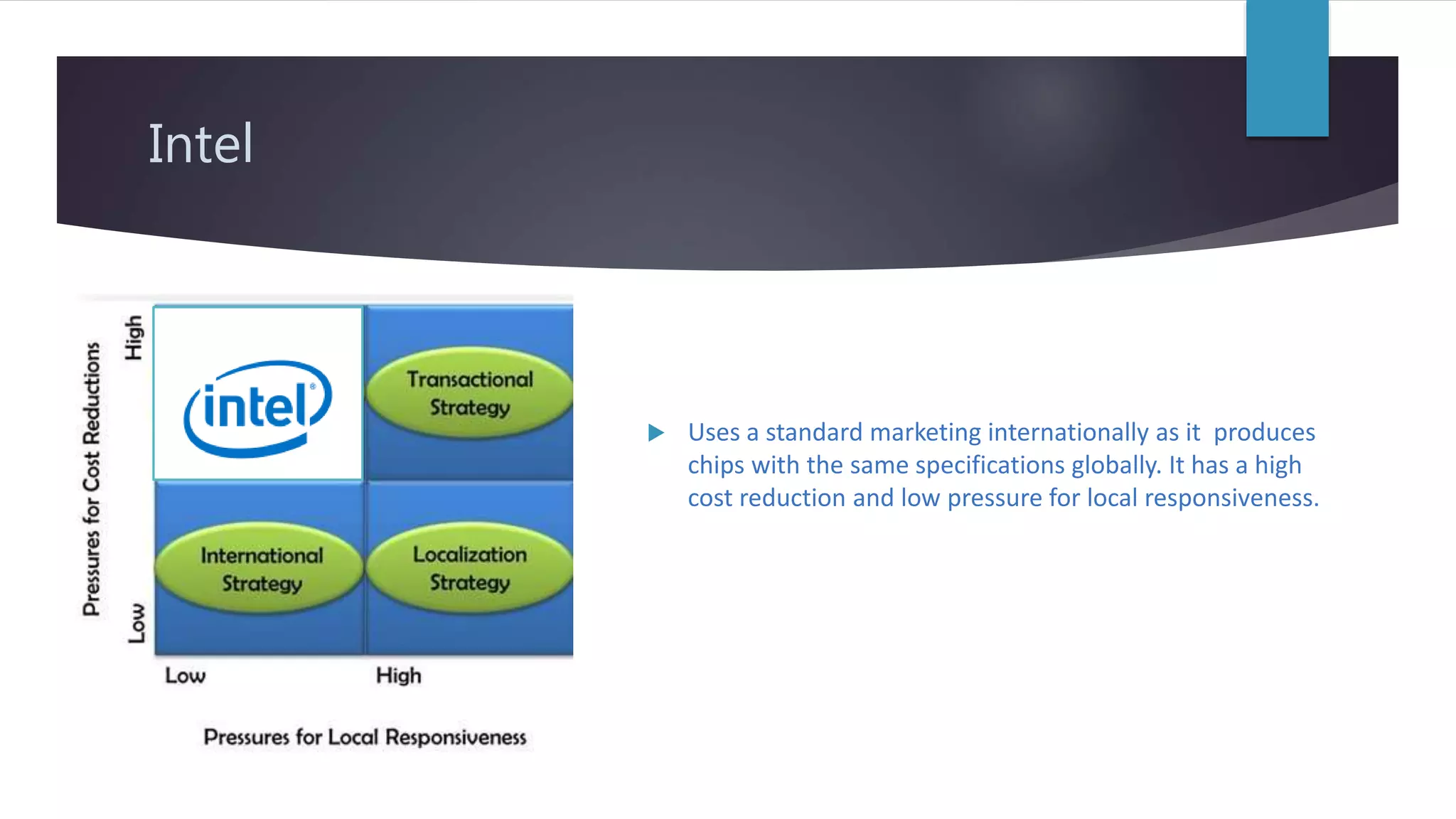 Intel
Uses a standard marketing internationally as it produces
chips with the same specifications globally. It has a high
cost reduction and low pressure for local responsiveness.