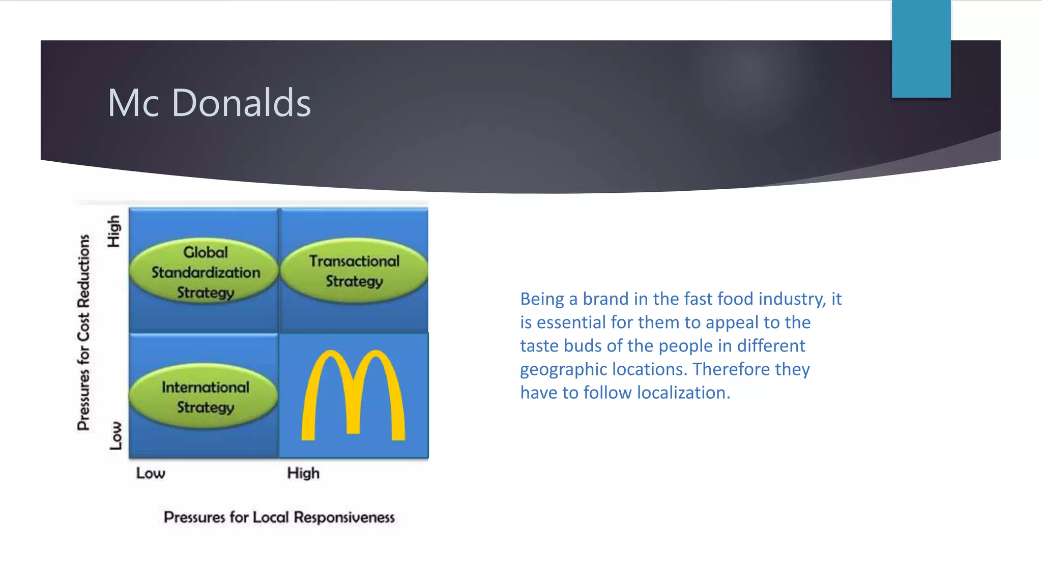 Mc Donalds
Being a brand in the fast food industry, it
is essential for them to appeal to the
taste buds of the people in different
geographic locations. Therefore they
have to follow localization.