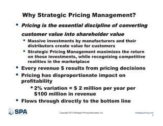 Why Strategic Pricing Management?

•  Pricing is the essential discipline of converting
customer value into shareholder value

•  Massive investments by manufacturers and their
• 

distributors create value for customers
Strategic Pricing Management maximizes the return
on those investments, while recognizing competitive
realities in the marketplace

•  Every revenue $ results from pricing decisions
•  Pricing has disproportionate impact on

• 

profitability
• 2% variation = $ 2 million per year per
$100 million in revenue
Flows through directly to the bottom line
Copyright 2013 Strategic Pricing Associates, Inc.

strategicpricing.com
5

 