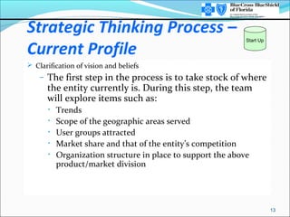Strategic Thinking Process –
Current Profile
 Clarification of vision and beliefs
– The first step in the process is to take stock of where
the entity currently is. During this step, the team
will explore items such as:
• Trends
• Scope of the geographic areas served
• User groups attracted
• Market share and that of the entity’s competition
• Organization structure in place to support the above
product/market division
13
Start Up
 