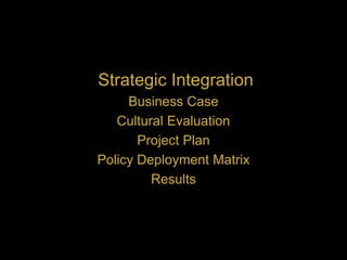 Strategic Integration
Business Case
Cultural Evaluation
Project Plan
Policy Deployment Matrix
Results
 