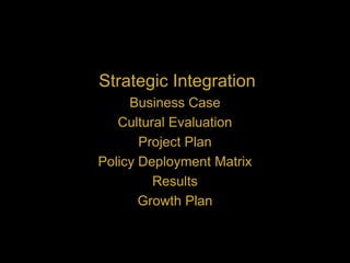 Strategic Integration
Business Case
Cultural Evaluation
Project Plan
Policy Deployment Matrix
Results
Growth Plan
 