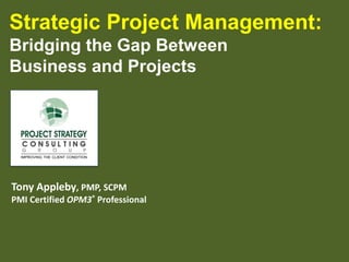 Strategic Project Management:
Bridging the Gap Between
Business and Projects

Tony Appleby, PMP, SCPM
PMI Certified OPM3® Professional

 