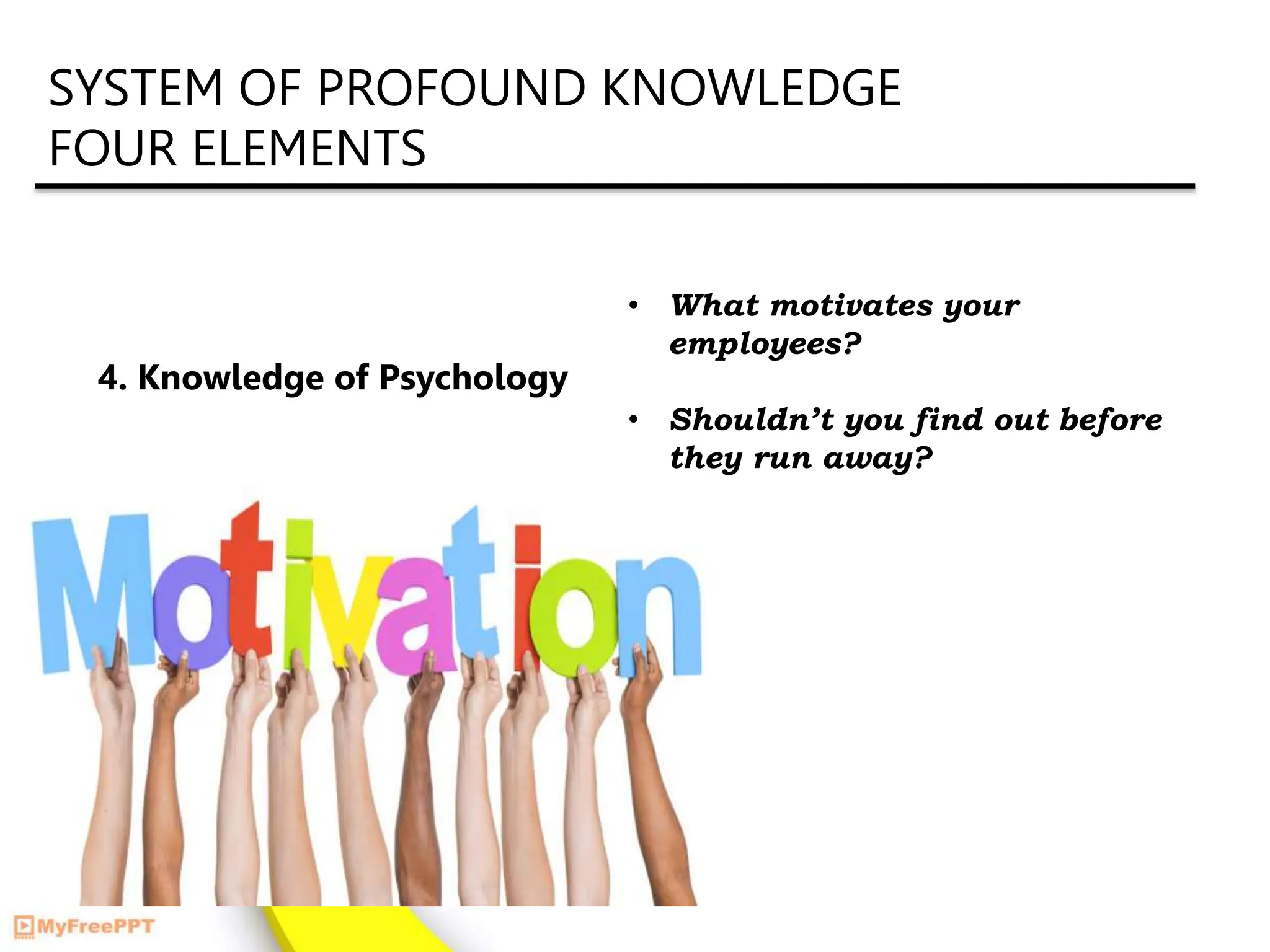 SYSTEM OF PROFOUND KNOWLEDGE
FOUR ELEMENTS
• What motivates your
employees?
• Shouldn’t you find out before
they run away?
4. Knowledge of Psychology
 