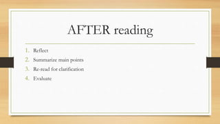 AFTER reading
1. Reflect
2. Summarize main points
3. Re-read for clarification
4. Evaluate