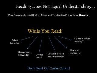 Reading Does Not Equal Understanding….
Very few people read Hocked Gems and “understand” it without thinking.
Background
knowledge Decode
Vocab
Connect old and
new information
Why am I
reading this?
Admit
Confusion!
Is there a hidden
meaning?
Don’t Read On Cruise Control
 