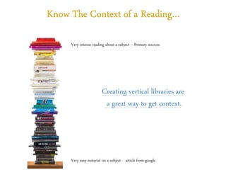 Creating vertical libraries are
a great way to get context.
Very intense reading about a subject – Primary sources
Very easy material on a subject - article from google
 