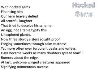 With hocked gems
Financing him
Our hero bravely defied
All scornful laughter
That tried to deceive his scheme.
An egg, not a table typify this
Unexplored planet.
Now three sturdy sisters sought proof
Forging sometimes through calm vastness
Yet more often over turbulent peaks and valleys.
Days became weeks as many doubters spread fearful
Rumors about the edge.
At last, welcome winged creatures appeared
Signifying momentous success.
 
