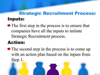 Strategic Recruitment Process:
Inputs:
The first step in the process is to ensure that
companies have all the inputs to initiate
Strategic Recruitment process.
Action:
The second step in the process is to come up
with an action plan based on the inputs from
Step 1.
 