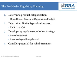 The Pre-Market Regulatory Planning 
1. Determine product categorization 
• Drug, Device, Biologic or Combination Product 
2. Determine: Device type of submission 
• PMA vs. 510(k) 
3. Develop appropriate submission strategy 
• Pre-submissions? 
• Pre-meetings with regulators? 
4. Consider potential for reimbursement 
TCN Life Science Fast Track 2014 11/18/2014 
 