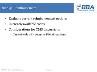 Step 4: Reimbursement 
• Evaluate current reimbursement options 
• Currently available codes 
• Considerations for CMS discussions 
– Can coincide with potential FDA discussions 
TCN Life Science Fast Track 2014 11/18/2014 
 