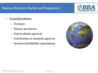 Balance Between Market and Regulatory 
• Considerations 
– Territory 
– Disease prevalence 
– Cost to obtain approval 
– Cost/burden to maintain approval 
– Investor/stockholder expectations 
TCN Life Science Fast Track 2014 11/18/2014 
 