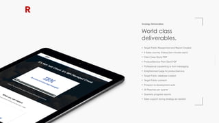 • Target Public Researched and Report Created
• 4 Sales Journey Videos (two minutes each)
• Client Case Study PDF
• Product/Service Pitch Deck PDF
• Professional copywriting to form messaging
• Enlightenment page for product/service
• Target Public database created
• Target Public outreach
• Prospect re-development work
• 30 Reaches per quarter
• Quarterly progress reports
• Sales support during strategy as needed
World class
deliverables.
Strategy Deliverables
 