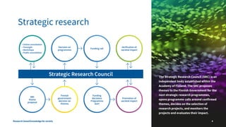 Strategic research
The Strategic Research Council (SRC) is an
independent body established within the
Academy of Finland. The SRC proposes
themes to the Finnish Government for the
next strategic research programmes,
opens programme calls around confirmed
themes, decides on the selection of
research projects, and monitors the
projects and evaluates their impact.
4
Research-basedknowledgefor society
 