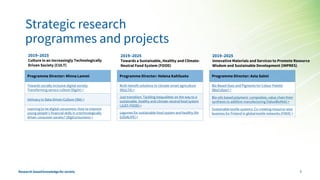 Strategic research
programmes and projects
2019–2025
Culture in an Increasingly Technologically
Driven Society (CULT)
Programme Director: Minna Lammi
Towards socially inclusive digital society:
Transforming service culture (DigiIn) >
Intimacy in Data-Driven Culture (IDA) >
Learning to be digital consumers: How to improve
young people’s financial skills in a technologically
driven consumer society? (DigiConsumers) >
2019–2025
Towards a Sustainable, Healthy and Climate-
Neutral Food System (FOOD)
Programme Director: Helena Kahiluoto
Multi-benefit solutions to climate-smart agriculture
(MULTA) >
Just transition: Tackling inequalities on the way to a
sustainable, healthy and climate-neutral food system
(JUST-FOOD) >
Legumes for sustainable food system and healthy life
(LEG4LIFE) >
2019–2025
Innovative Materials and Services to Promote Resource
Wisdom and Sustainable Development (IMPRES)
Programme Director: Asta Salmi
Bio Based Dyes and Pigments for Colour Palette
(BioColour) >
Bio-oils based polymeric composites; value chain from
synthesis to additive manufacturing (ValueBioMat) >
Sustainable textile systems: Co-creating resource-wise
business for Finland in global textile networks (FINIX) >
Research-basedknowledgefor society 7
 