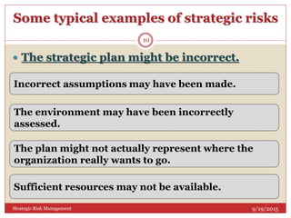Some typical examples of strategic risks
9/19/2015Strategic Risk Management
10
 The strategic plan might be incorrect.
The plan might not actually represent where the
organization really wants to go.
The environment may have been incorrectly
assessed.
Incorrect assumptions may have been made.
Sufficient resources may not be available.
 