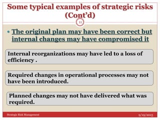 Some typical examples of strategic risks
(Cont’d)
9/19/2015Strategic Risk Management
11
 The original plan may have been correct but
internal changes may have compromised it
Required changes in operational processes may not
have been introduced.
Internal reorganizations may have led to a loss of
efficiency .
Planned changes may not have delivered what was
required.
 