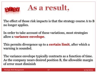 9/19/2015Strategic Risk Management 17
The effect of those risk impacts is that the strategy course A to B
no longer applies.
In order to take account of these variations, most strategies
allow a variance envelope.
This permits divergence up to a certain limit, after which a
warning is sounded.
The variance envelope typically contracts as a function of time.
As the company nears desired position B, the allowable margin
of error must diminish
 