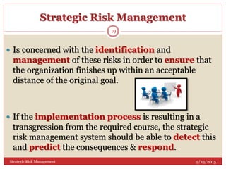 Strategic Risk Management
9/19/2015Strategic Risk Management
19
 Is concerned with the identification and
management of these risks in order to ensure that
the organization finishes up within an acceptable
distance of the original goal.
 If the implementation process is resulting in a
transgression from the required course, the strategic
risk management system should be able to detect this
and predict the consequences & respond.
 