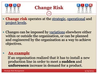 Change Risk
9/19/2015Strategic Risk Management
20
 Change risk operates at the strategic, operational and
project levels.
 Changes can be imposed by variations elsewhere either
within or outside the organisation, or can be planned
and engineered by the organisation as a way to achieve
objectives.
 An example
If an organisation realized that it has to install a new
production line in order to meet a sudden and
unforeseen increase in demand for a product.
 