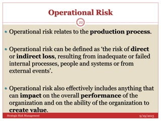 Operational Risk
9/19/2015Strategic Risk Management
22
 Operational risk relates to the production process.
 Operational risk can be defined as ‘the risk of direct
or indirect loss, resulting from inadequate or failed
internal processes, people and systems or from
external events’.
 Operational risk also effectively includes anything that
can impact on the overall performance of the
organization and on the ability of the organization to
create value.
 