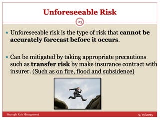 Unforeseeable Risk
9/19/2015Strategic Risk Management
23
 Unforeseeable risk is the type of risk that cannot be
accurately forecast before it occurs.
 Can be mitigated by taking appropriate precautions
such as transfer risk by make insurance contract with
insurer. (Such as on fire, flood and subsidence)
 