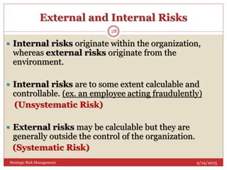 External and Internal Risks
9/19/2015Strategic Risk Management
28
 Internal risks originate within the organization,
whereas external risks originate from the
environment.
 Internal risks are to some extent calculable and
controllable. (ex. an employee acting fraudulently)
(Unsystematic Risk)
 External risks may be calculable but they are
generally outside the control of the organization.
(Systematic Risk)
 