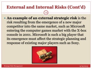 External and Internal Risks (Cont’d)
9/19/2015Strategic Risk Management
29
 An example of an external strategic risk is the
risk resulting from the emergence of a new major
competitor into the same market, such as Microsoft
entering the computer games market with the X-box
console in 2001. Microsoft is such a big player that
its emergence must affect the strategic planning and
response of existing major players such as Sony.
 