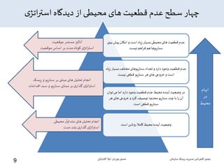 ‫ی‬‫اتژ‬‫ر‬‫است‬ ‫دیدگاه‬ ‫از‬‫محیطی‬ ‫های‬ ‫قطعیت‬ ‫عدم‬ ‫سطح‬ ‫چهار‬
‫سازمانی‬‫ریسک‬‫مدیریت‬ ‫انس‬‫ر‬‫کنف‬ ‫دومین‬‫نوریان‬ ‫حسین‬-‫آقابابائی‬ ‫لیال‬
9
‫ب‬‫پیش‬ ‫امکان‬‫و‬‫است‬‫زیاد‬‫بسیار‬‫محیطی‬ ‫های‬ ‫قطعیت‬‫عدم‬‫ینی‬
‫نیست‬ ‫اهم‬‫ر‬‫ف‬‫هم‬ ‫سناریوها‬
‫ز‬‫بسیار‬ ‫مختلف‬ ‫سناریوهای‬ ‫تعداد‬ ‫و‬ ‫دارد‬ ‫وجود‬ ‫قطعیت‬‫عدم‬‫یاد‬
‫نیست‬ ‫قطعی‬ ‫سناریو‬ ‫هر‬ ‫های‬ ‫خروجی‬‫و‬ ‫است‬
‫توان‬‫می‬‫اما‬ ‫دارد‬ ‫وجود‬‫قطعیت‬‫عدم‬ ‫محیط‬ ‫آینده‬‫وضعیت‬ ‫در‬
‫هر‬ ‫های‬ ‫خروجی‬‫و‬‫کرد‬ ‫توصیف‬ ‫محدود‬ ‫سناریو‬ ‫چند‬‫با‬ ‫ا‬‫ر‬‫آن‬
‫است‬ ‫قطعی‬‫سناریو‬
‫است‬ ‫روشن‬‫کامال‬‫محیط‬ ‫آینده‬‫وضعیت‬
‫محیطی‬ ‫ل‬‫متداو‬ ‫های‬‫تحلیل‬ ‫انجام‬
‫مدت‬ ‫بلند‬ ‫ی‬‫گذار‬ ‫ی‬‫اتژ‬‫ر‬‫است‬
‫یسک‬‫ر‬‫و‬ ‫یو‬‫ر‬‫سنا‬‫بر‬ ‫مبتنی‬ ‫های‬‫تحلیل‬ ‫انجام‬
‫اقدامات‬ ‫سبد‬‫و‬ ‫یو‬‫ر‬‫سنا‬ ‫مبنای‬‫بر‬ ‫ی‬‫گذار‬ ‫ی‬‫اتژ‬‫ر‬‫است‬
‫موقعیت‬ ‫مستمر‬ ‫آنالیز‬
‫موقعیت‬‫اساس‬ ‫بر‬ ‫مدت‬‫کوتاه‬ ‫ی‬‫اتژ‬‫ر‬‫است‬
‫ابهام‬
‫در‬
‫محیط‬
 