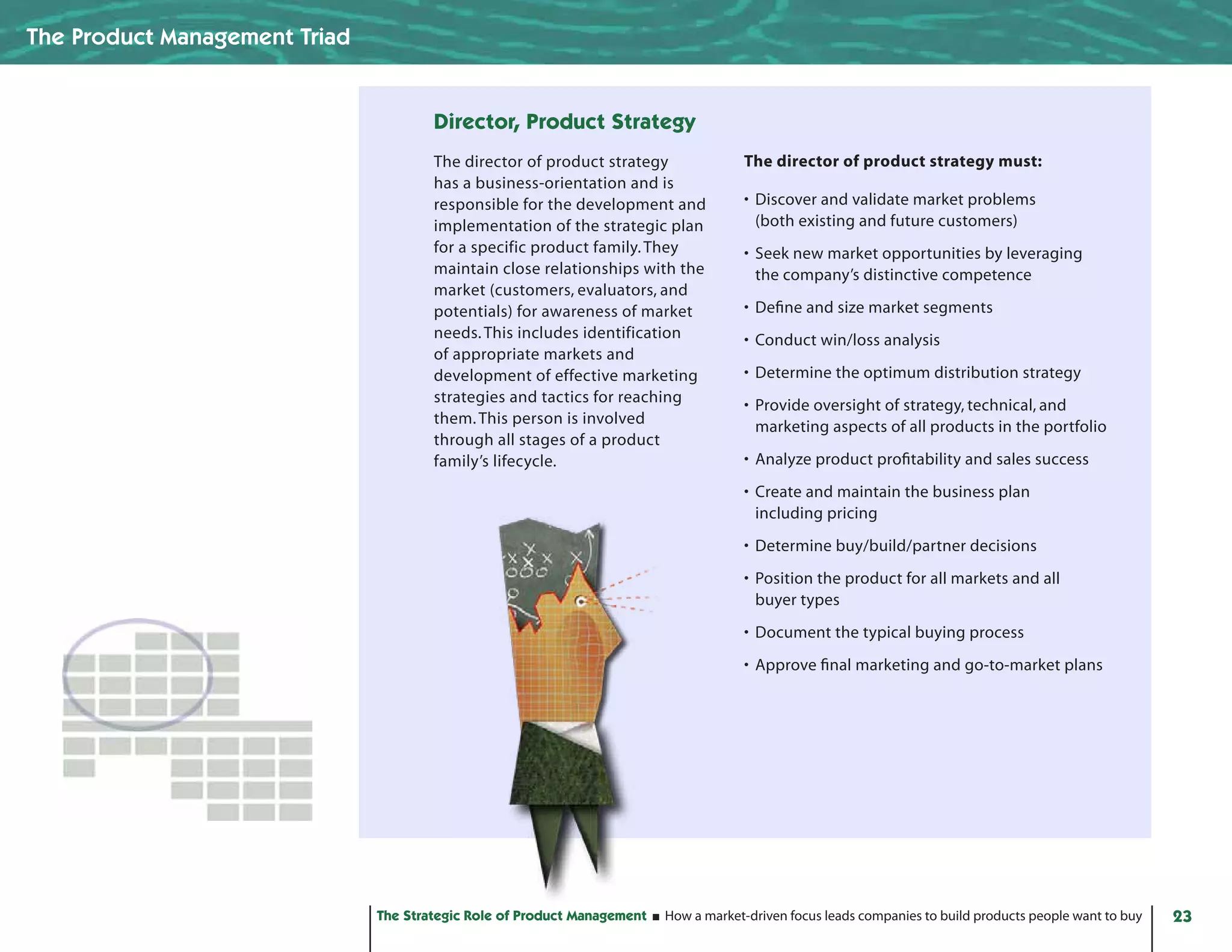 The Product Management Triad


                                       Director, Product Strategy
                                       The director of product strategy               The director of product strategy must:
                                       has a business-orientation and is
                                       responsible for the development and            • Discover and validate market problems
                                       implementation of the strategic plan             (both existing and future customers)
                                       for a specific product family. They            • Seek new market opportunities by leveraging
                                       maintain close relationships with the            the company’s distinctive competence
                                       market (customers, evaluators, and
                                       potentials) for awareness of market            • Define and size market segments
                                       needs. This includes identification            • Conduct win/loss analysis
                                       of appropriate markets and
                                       development of effective marketing             • Determine the optimum distribution strategy
                                       strategies and tactics for reaching            • Provide oversight of strategy, technical, and
                                       them. This person is involved                    marketing aspects of all products in the portfolio
                                       through all stages of a product
                                       family’s lifecycle.                            • Analyze product profitability and sales success
                                                                                      • Create and maintain the business plan
                                                                                        including pricing
                                                                                      • Determine buy/build/partner decisions
                                                                                      • Position the product for all markets and all
                                                                                        buyer types
                                                                                      • Document the typical buying process
                                                                                      • Approve final marketing and go-to-market plans




                               The Strategic Role of Product Management   How a market-driven focus leads companies to build products people want to buy   23
 