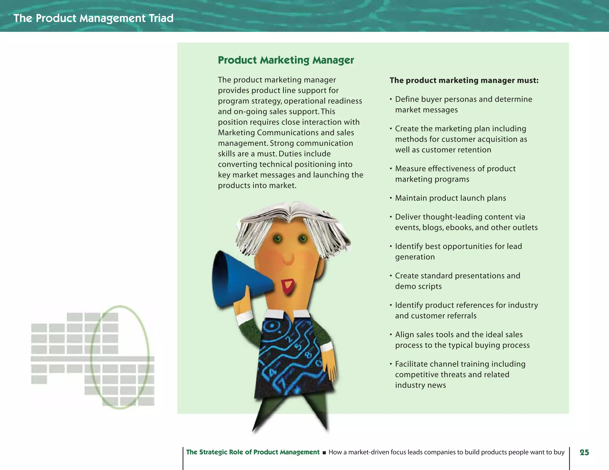 The Product Management Triad


                                        Product Marketing Manager
                                        The product marketing manager                         The product marketing manager must:
                                        provides product line support for
                                        program strategy, operational readiness               • Define buyer personas and determine
                                        and on-going sales support. This                        market messages
                                        position requires close interaction with
                                        Marketing Communications and sales                    • Create the marketing plan including
                                        management. Strong communication                        methods for customer acquisition as
                                        skills are a must. Duties include                       well as customer retention
                                        converting technical positioning into
                                                                                              • Measure effectiveness of product
                                        key market messages and launching the
                                                                                                marketing programs
                                        products into market.
                                                                                              • Maintain product launch plans

                                                                                              • Deliver thought-leading content via
                                                                                                events, blogs, ebooks, and other outlets

                                                                                              • Identify best opportunities for lead
                                                                                                generation

                                                                                              • Create standard presentations and
                                                                                                demo scripts

                                                                                              • Identify product references for industry
                                                                                                and customer referrals

                                                                                              • Align sales tools and the ideal sales
                                                                                                process to the typical buying process

                                                                                              • Facilitate channel training including
                                                                                                competitive threats and related
                                                                                                industry news




                               The Strategic Role of Product Management   How a market-driven focus leads companies to build products people want to buy   25
 