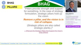 6© SmoothApps 2017 | SmoothApps | Blog | Training | Newsletter | Twitter | LinkedIn | Facebook | Google+
"Pillars provide strength and support
for something. In the case of strategy
formulation, strategic pillars hold up
the vision.
Remove a pillar, and the vision is in
risk of collapse.
(Strategic pillars are also called
strategic planks.)"
— What are the Strategic Pillars that Support the Vision?,
Greg Githens
1 BHAG
2 PILLARS
BHAG
Read my blog on this topic
 