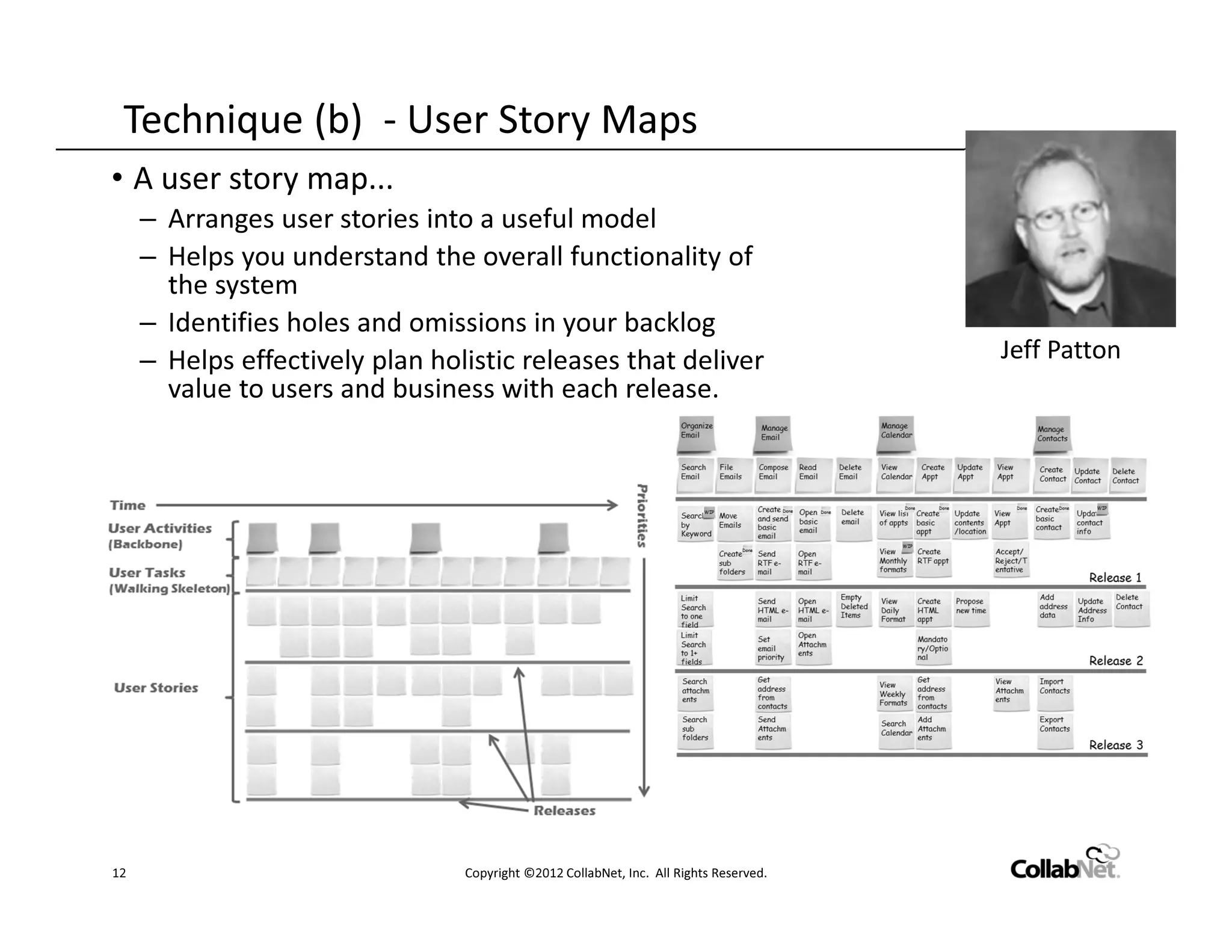 Technique (b) - User Story Maps
• A user story map...
     – Arranges user stories into a useful model
     – Helps you understand the overall functionality of
       the system
     – Identifies holes and omissions in your backlog
     – Helps effectively plan holistic releases that deliver                            Jeff Patton
       value to users and business with each release.




12                               Copyright ©2012 CollabNet, Inc. All Rights Reserved.
 
