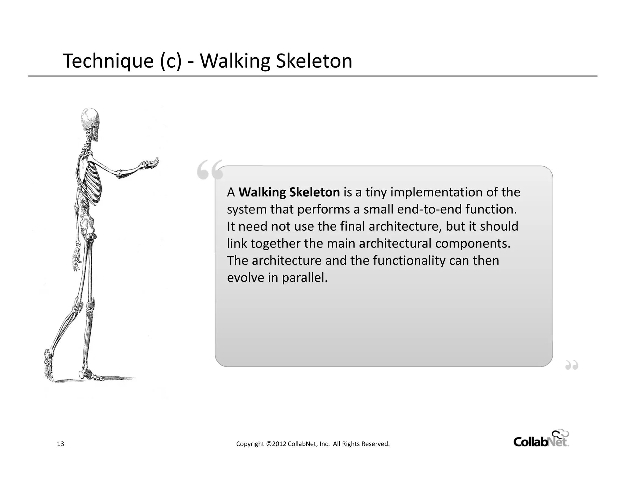 Technique (c) - Walking Skeleton




                   A Walking Skeleton is a tiny implementation of the
                   system that performs a small end-to-end function.
                   It need not use the final architecture, but it should
                   link together the main architectural components.
                   The architecture and the functionality can then
                   evolve in parallel.




13                  Copyright ©2012 CollabNet, Inc. All Rights Reserved.
 