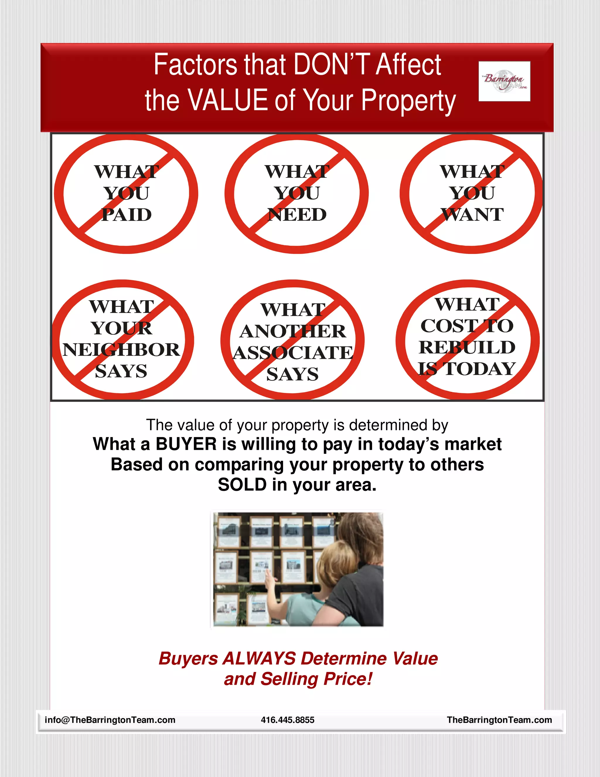 Factors that DON’T Affect
                   the VALUE of Your Property




                    The value of your property is determined by
         What a BUYER is willing to pay in today’s market
          Based on comparing your property to others
                     SOLD in your area.




                      Buyers ALWAYS Determine Value
                             and Selling Price!
     13
info@TheBarringtonTeam.com          416.445.8855              TheBarringtonTeam.com
 