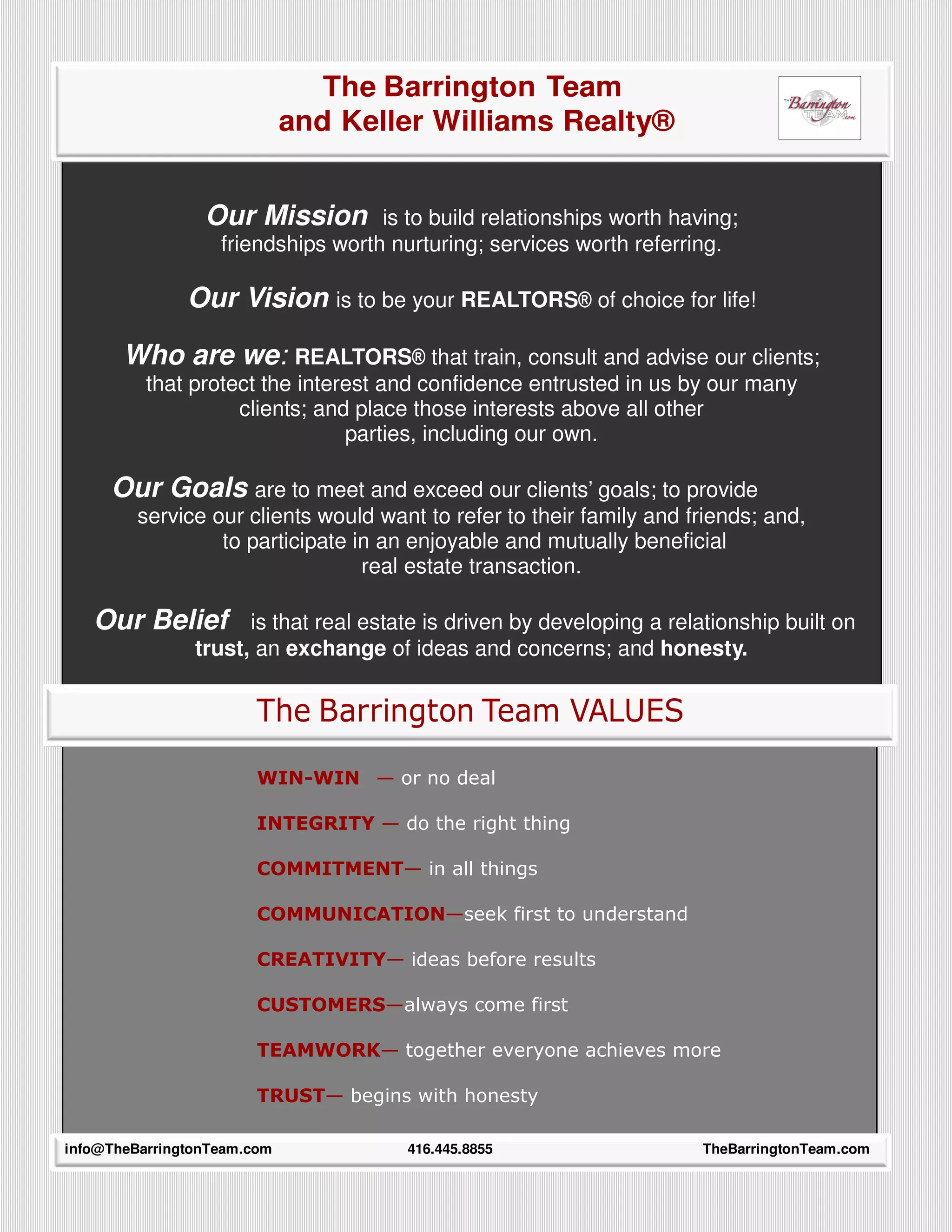 The Barrington Team
                             and Keller Williams Realty®


                  Our Mission        is to build relationships worth having;
                    friendships worth nurturing; services worth referring.

                Our Vision is to be your REALTORS® of choice for life!

          Who are we: REALTORS® that train, consult and advise our clients;
            that protect the interest and confidence entrusted in us by our many
                      clients; and place those interests above all other
                                  parties, including our own.

     Our Goals are to meet and exceed our clients’ goals; to provide
           service our clients would want to refer to their family and friends; and,
                    to participate in an enjoyable and mutually beneficial
                                    real estate transaction.

   Our Belief          is that real estate is driven by developing a relationship built on
                 trust, an exchange of ideas and concerns; and honesty.


                        The Barrington Team VALUES

                        WIN-WIN — or no deal

                        INTEGRITY — do the right thing

                        COMMITMENT— in all things

                        COMMUNICATION—seek first to understand

                        CREATIVITY— ideas before results

                        CUSTOMERS—always come first

                        TEAMWORK— together everyone achieves more

                        TRUST— begins with honesty

      4
info@TheBarringtonTeam.com              416.445.8855                     TheBarringtonTeam.com
 