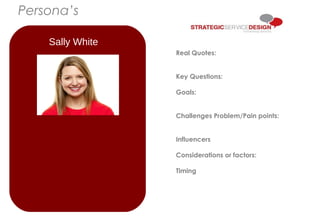 Sally White
Real Quotes:
Key Questions:
Goals:
Challenges Problem/Pain points:
Influencers
Considerations or factors:
Timing
Persona’s
 