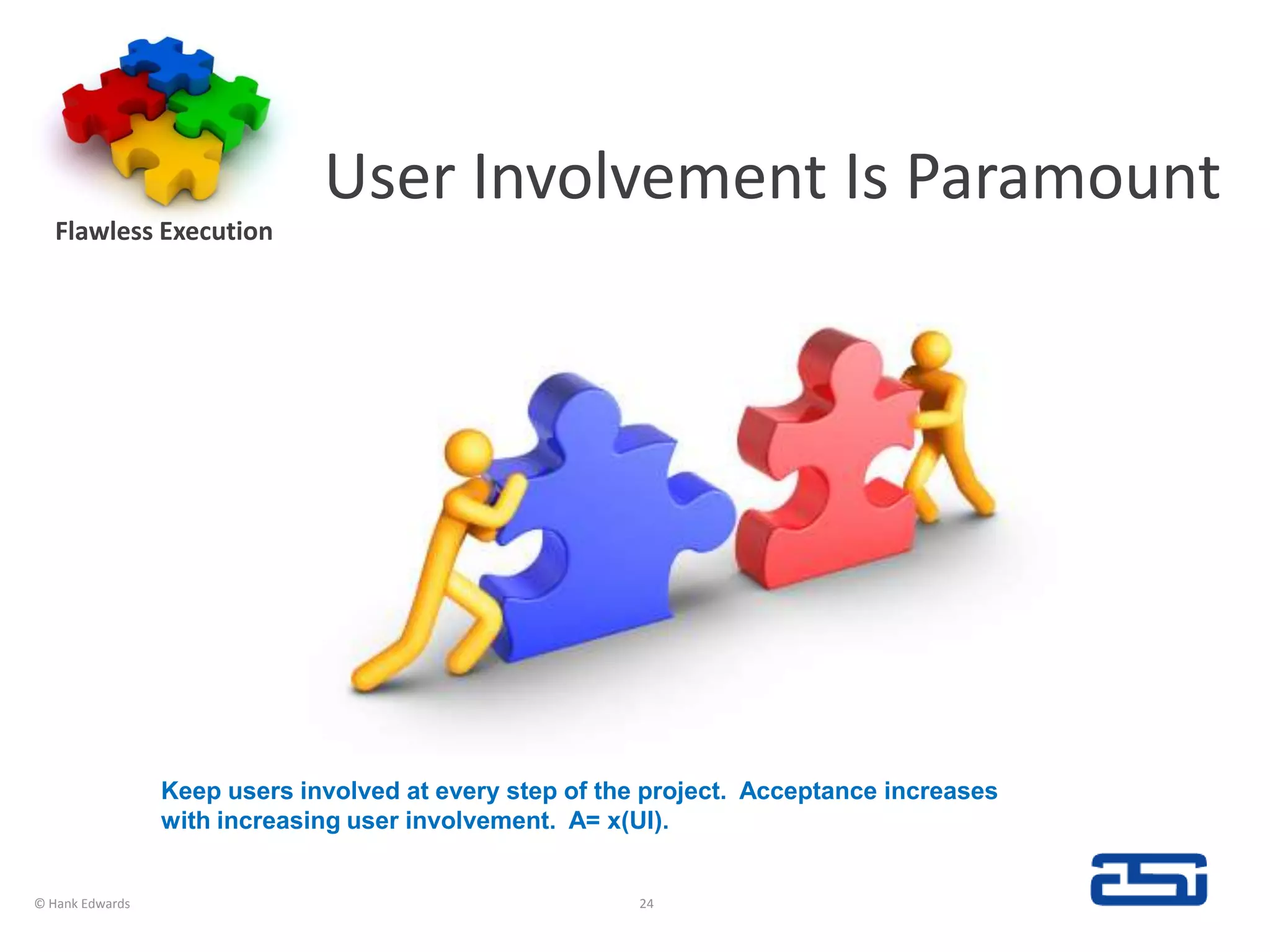 User Involvement Is ParamountFlawless Execution© Hank Edwards24Keep users involved at every step of the project.  Acceptance increases with increasing user involvement.  A= x(UI).