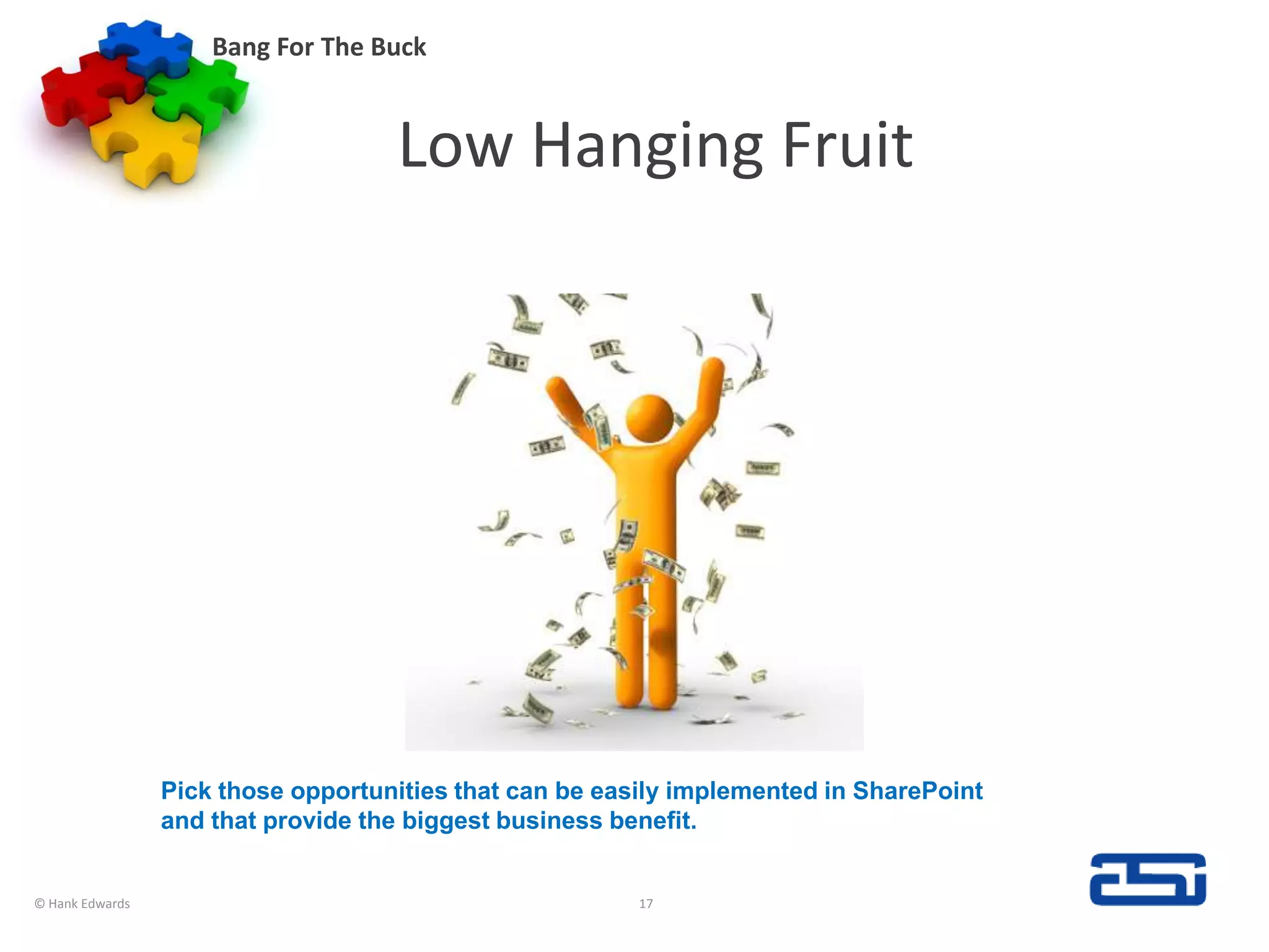 Low Hanging FruitBang For The Buck© Hank Edwards17Pick those opportunities that can be easily implemented in SharePoint and that provide the biggest business benefit.