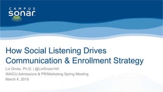 How Social Listening Drives
Communication Strategy
How Social Listening Drives
Communication & Enrollment Strategy
Liz Gross, Ph.D. | @LizGross144
WAICU Admissions & PR/Marketing Spring Meeting
March 4, 2019
 
