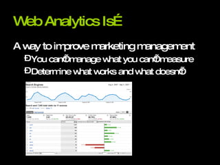 Web Analytics Is… A way to improve marketing management You can’t manage what you can’t measure Determine what works and what doesn’t 
