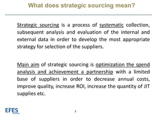 3
What does strategic sourcing mean?
Strategic sourcing is a process of systematic collection,
subsequent analysis and evaluation of the internal and
external data in order to develop the most appropriate
strategy for selection of the suppliers.
Main aim of strategic sourcing is optimization the spend
analysis and achievement a partnership with a limited
base of suppliers in order to decrease annual costs,
improve quality, increase ROI, increase the quantity of JIT
supplies etc.
 