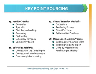 KEY POINT SOURCING
17. Vendor Selection Methods:
Quotations
Tendering Process
Direct Purchase
Collaborative Purchase
15. Vendor Criteria:
Generalist
Specialist
Distribution levelling
Canvasing
Partnership
18. Operations & Admin Process:
Involving user & whole team
Involving 3rd party expert
Done by Procurement/
Purchasing team only
Partnership
Subsidiary company
Community based
16. Sourcing Locations:
Domestic: in the same region
Domestic: within the country
Overseas: global sourcing
www.valueconsulttraining.com (021 7919 8730)
 