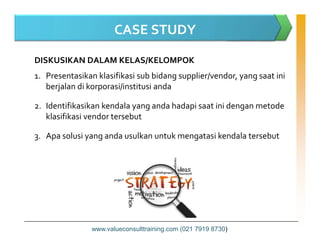 DISKUSIKAN DALAM KELAS/KELOMPOK
1. Presentasikan klasifikasi sub bidang supplier/vendor, yang saat ini
berjalan di korporasi/institusi anda
2. Identifikasikan kendala yang anda hadapi saat ini dengan metode
klasifikasi vendor tersebut
CASE STUDY
3. Apa solusi yang anda usulkan untuk mengatasi kendala tersebut
www.valueconsulttraining.com (021 7919 8730)
 