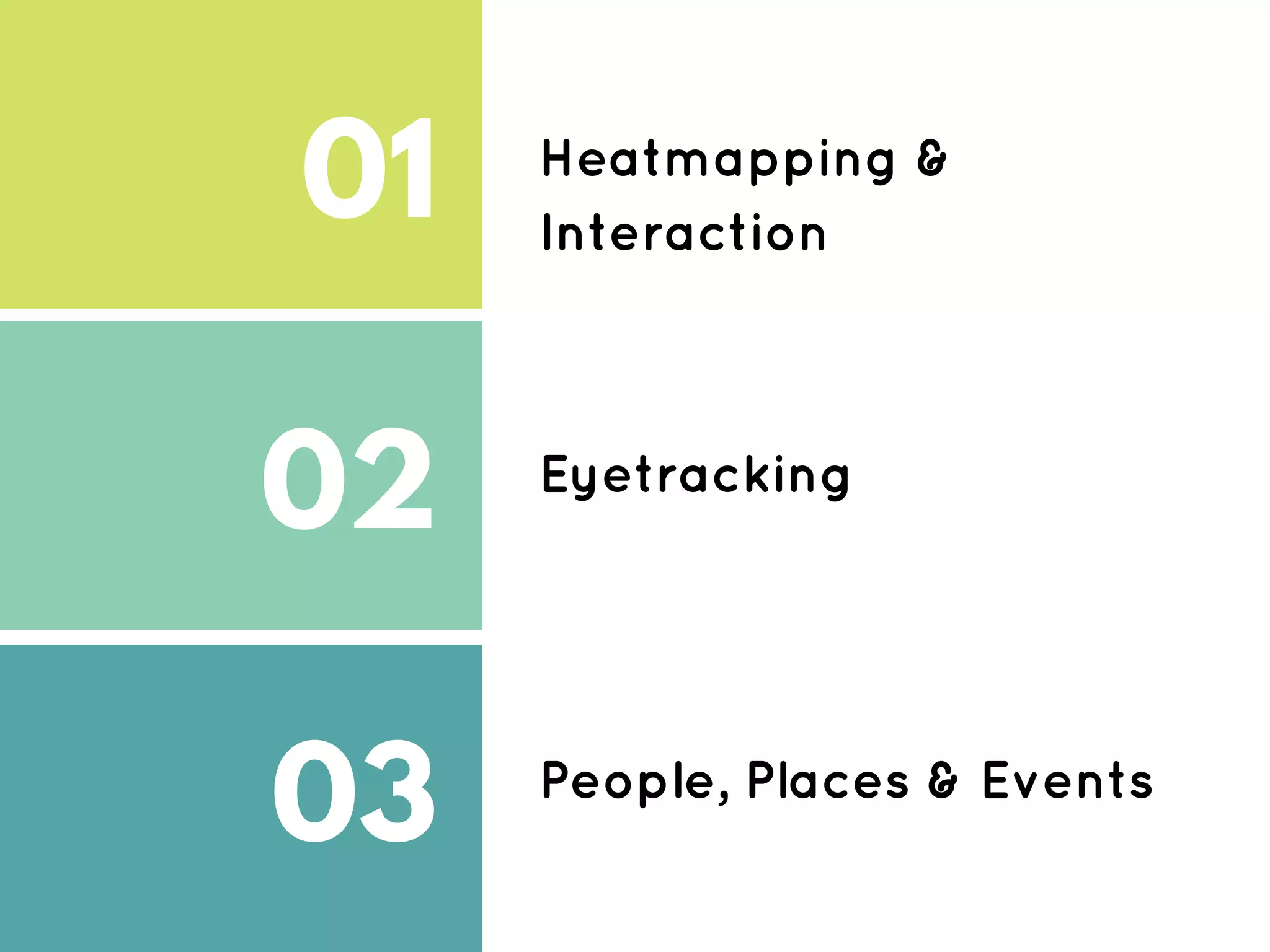 01
02
03
Heatmapping &
Interaction
Eyetracking
People, Places & Events
 