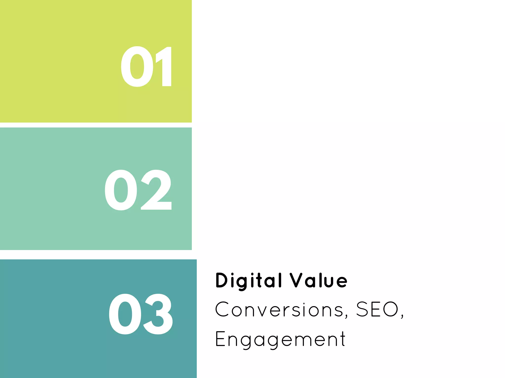 01
02
03
Digital Value
Conversions, SEO,
Engagement
 