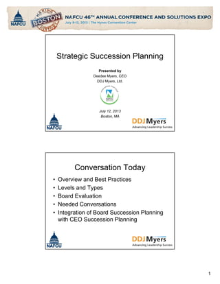 Strategic Succession Planning
Presented by
Deedee Myers, CEO
DDJ Myers, Ltd.

July 12, 2013
Boston, MA

Conversation Today
•
•
•
•
•

Overview and Best Practices
Levels and Types
Board Evaluation
Needed Conversations
Integration of Board Succession Planning
with CEO Succession Planning

Insert Your
Logo Here

1

 