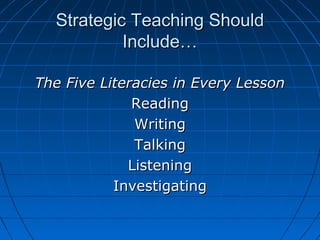 Strategic Teaching ShouldStrategic Teaching Should
Include…Include…
The Five Literacies in Every LessonThe Five Literacies in Every Lesson
ReadingReading
WritingWriting
TalkingTalking
ListeningListening
InvestigatingInvestigating
 